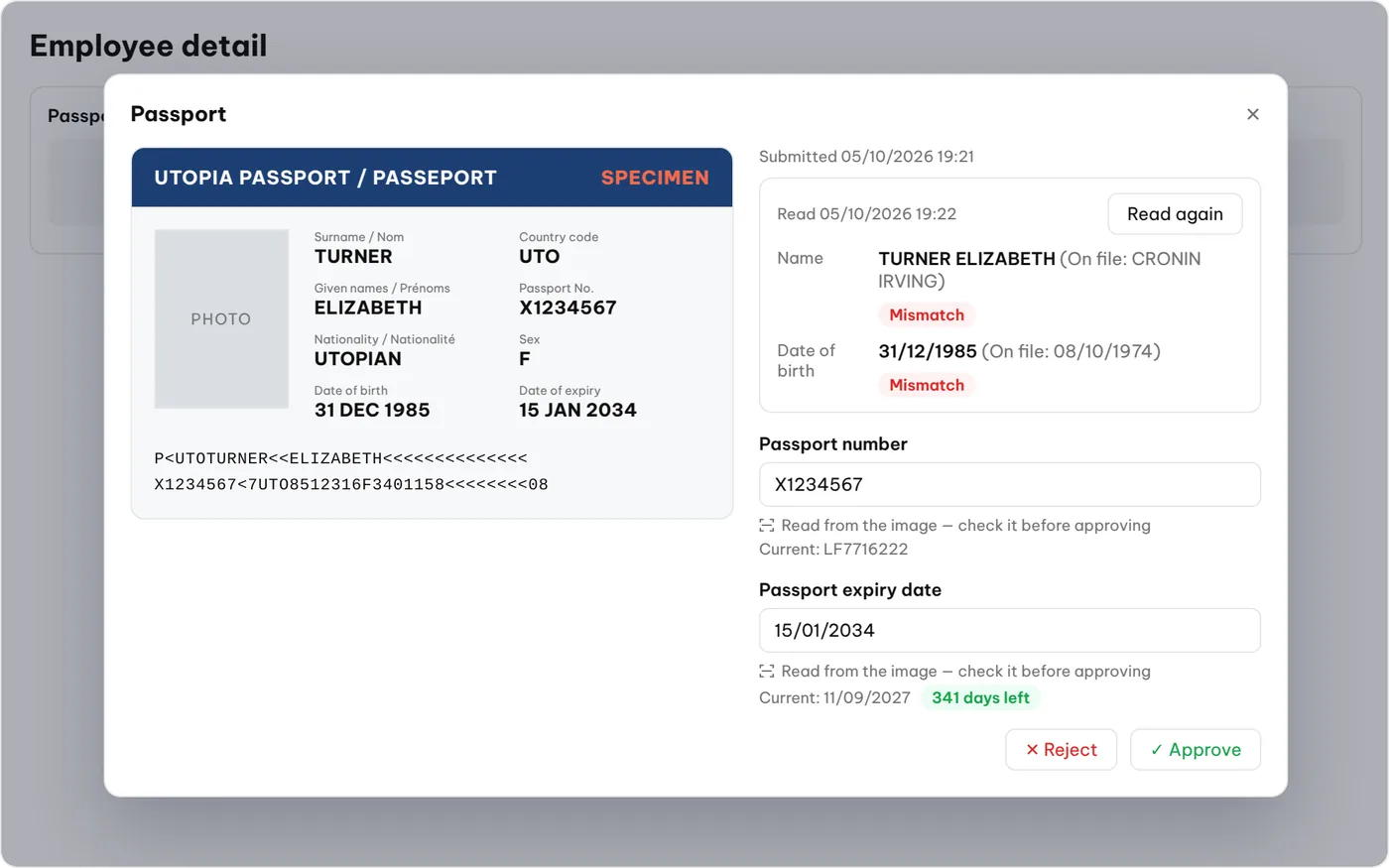 A passport read automatically from a photo, with name, date of birth, number and expiry checked against the record before approval