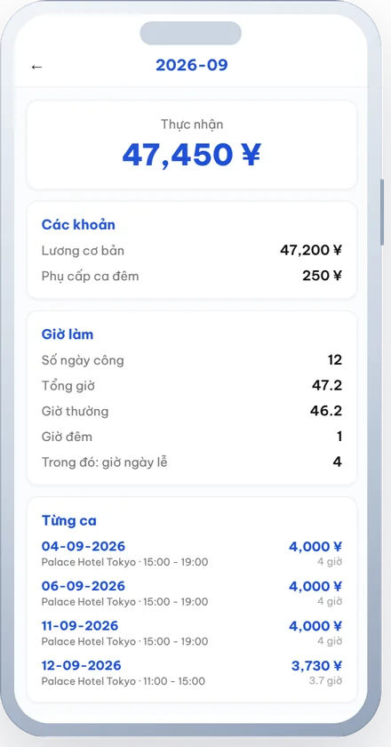 Phiếu lương trên app nhân viên: thực nhận, các khoản, giờ làm và từng ca